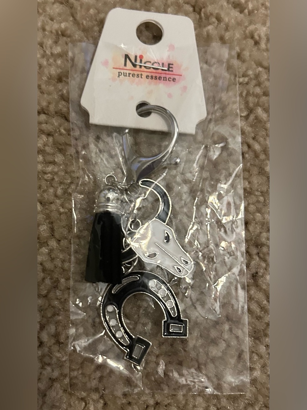 Nicole Silver-Tone Horse Head & Horseshoe Keychain with Black Tassel